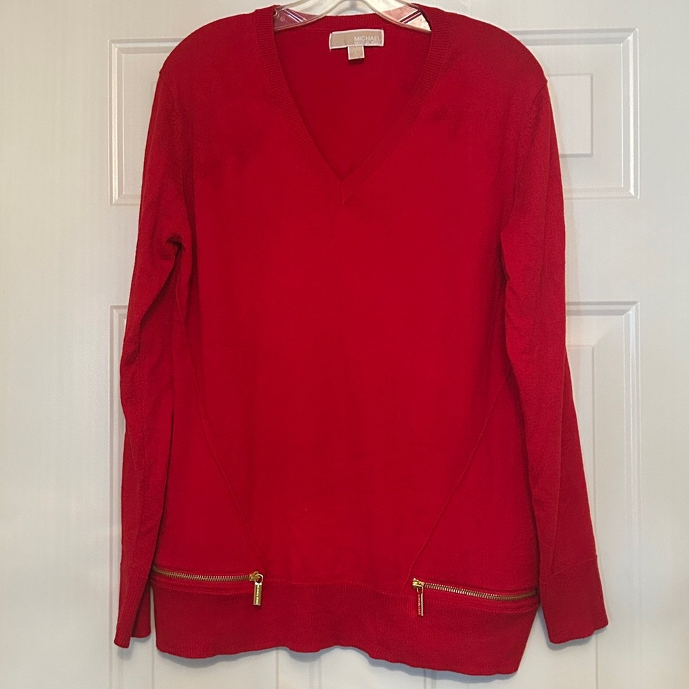 Michael Kors Scarlet V-Neck Sweater Red M Pullover Gold Accent Zippers Tunic